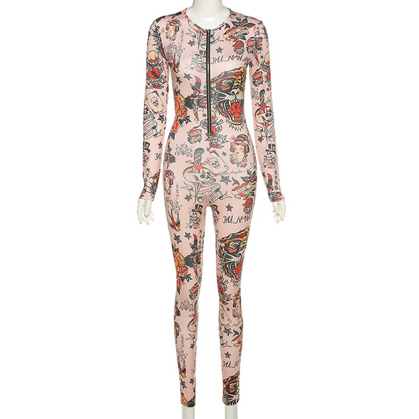 REJEA  Printed Bodycon Jumpsuit Women Winter Long Sleeve Sportswear Casual Zipper One Piece Jumpsuits Skinny Workout Hot
