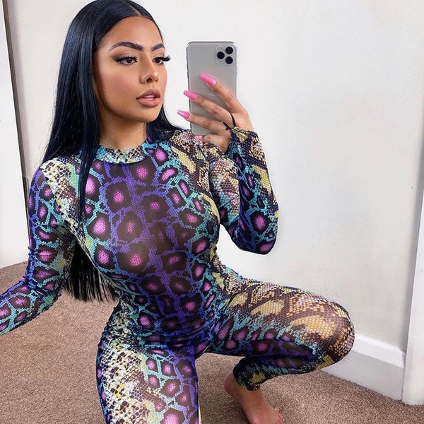 REJEA Sexy Women Jumpsuit Serpentine Print O-neck Long Sleeve Jumpsuit Fall Autumn Backless Bodycon Jumpsuit Club Streetwear