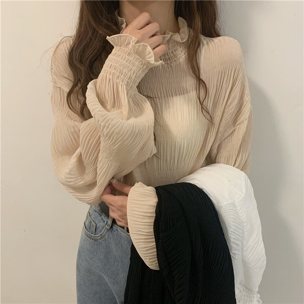 REJEA Fashion Long Sleeves Blouses Ladies Autumn Chic Basic Tight Womens Tops Thin Net Yarn Fashionable Shirt for Women