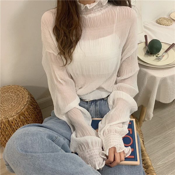 REJEA Fashion Long Sleeves Blouses Ladies Autumn Chic Basic Tight Womens Tops Thin Net Yarn Fashionable Shirt for Women