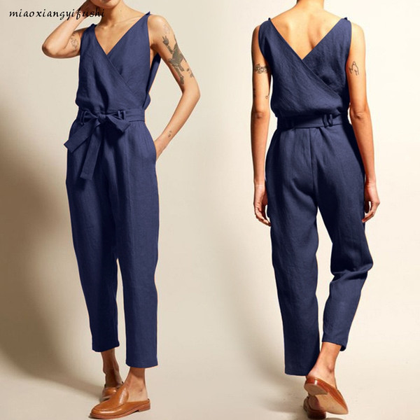 REJEA Solid Printed Lace-up Pocket v-neck Sleeveless Long Straight Pants Summer Overalls Female Cargo Jumpsuits
