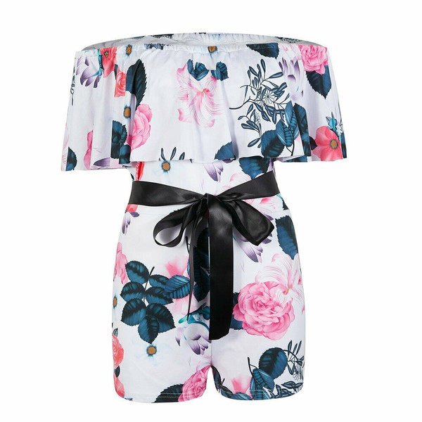 REJEA  Boho Women Off Shoulder Floral Bodycon Romper Jumpsuit Fashion Ladies Summer Club Tights Bodysuit Short Pants Trouser