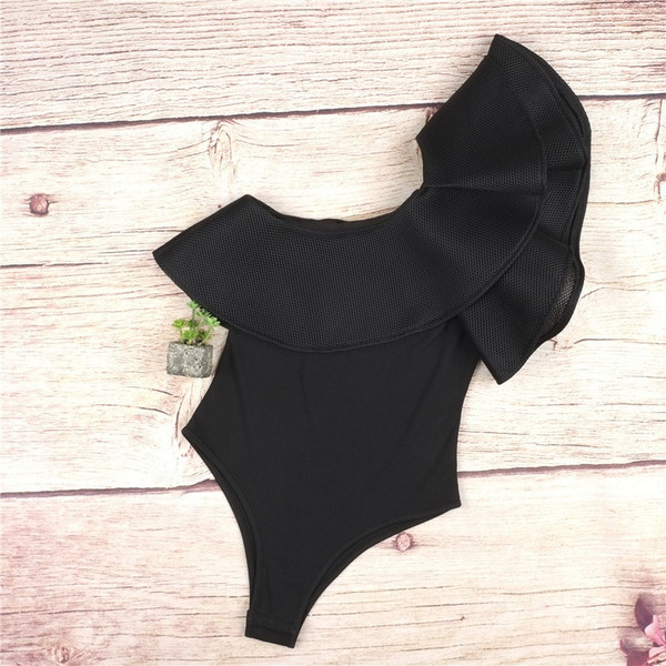 REJEA One shoulder ruffles fitness bodysuit fashion sexy hot slim bodycon jumpsuits solid ladies bodysuits rompers