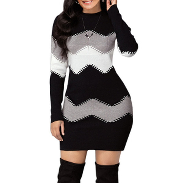 REJEA Bodycon Dress Women Autumn Winter Elegant Ladies Casual Knitted Patchwork Long Sleeve Slim Mini Dresses Black Vestido Feminino