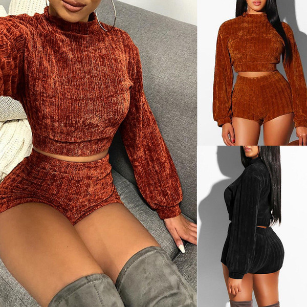 REJEA 2 Piece Outfits Long Sleeve Sweatshirt + Shorts Ladies Fashion Clothes Sets