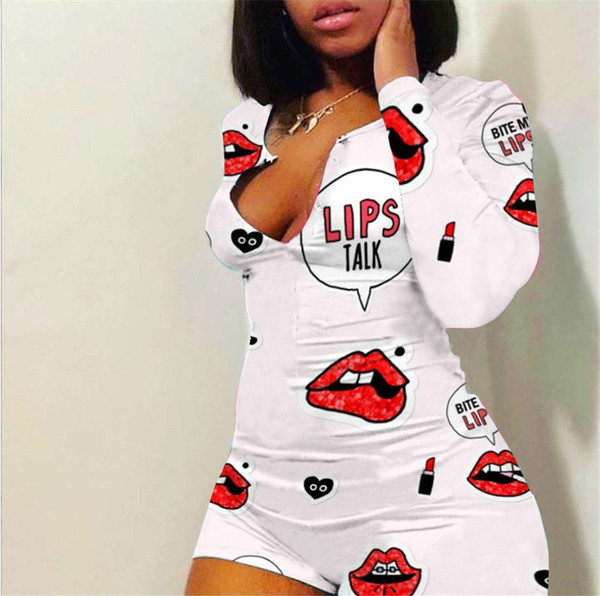 REJEA Sexy V-neck Bodycon Sleepwear Jumpsuit Bodysuit Shorts Romper Bodysuit Leotard Long Sleeve Lips Print Button Bodysuit