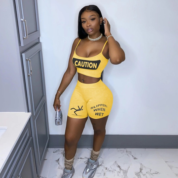 REJEA  Two Piece Sets Women Outfits Letter Print Sexy Sling Sleeveless Crop Top Bodycon Shorts Pants Set Sportswear Clothes