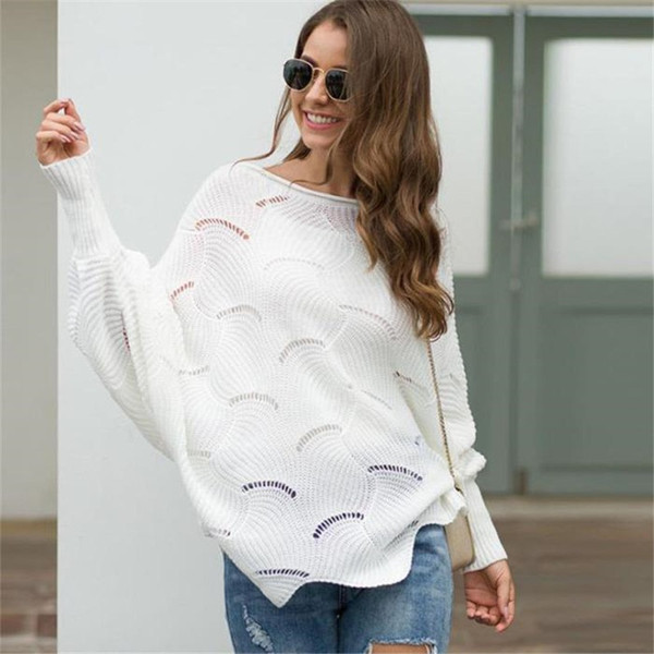 REJEA Women Batwing Sleeve Hollow Out Sweaters Autumn Winter Plus Size Solid Color Sweater Fashion Korean Loose Scale Knitted Tops