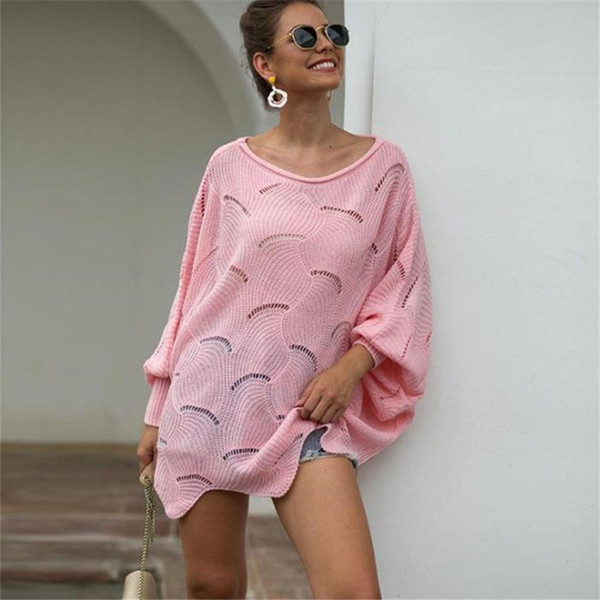 REJEA Women Batwing Sleeve Hollow Out Sweaters Autumn Winter Plus Size Solid Color Sweater Fashion Korean Loose Scale Knitted Tops