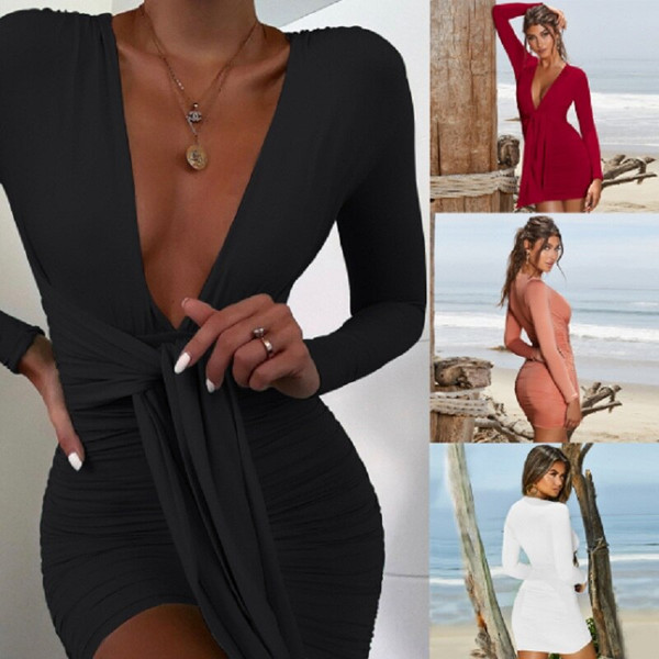 REJEA Elegant Deep V-Neck Sexy Autumn Dress Long Sleeve Pleated Bodycon Party Dress Short Casual Dress Vestidos