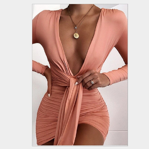REJEA Elegant Deep V-Neck Sexy Autumn Dress Long Sleeve Pleated Bodycon Party Dress Short Casual Dress Vestidos