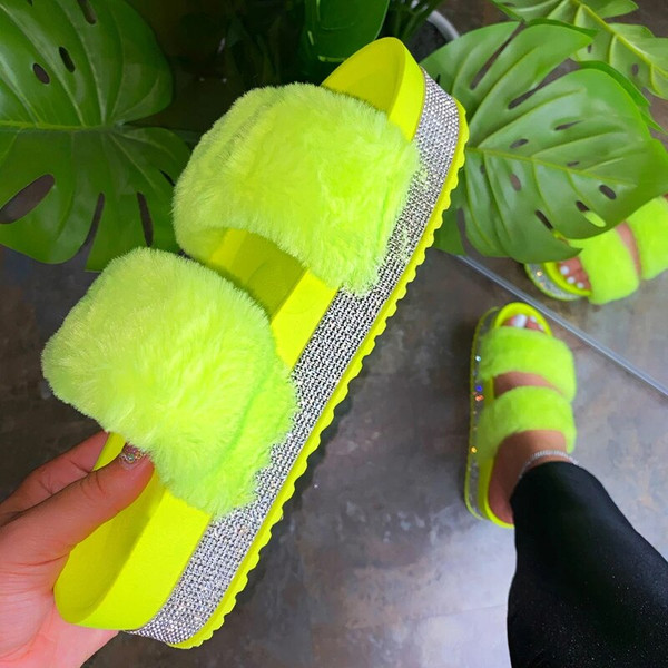 Rejea Women Fur Slippers Summer Furry Slides Female Fluffy Indoor Shoes Women's Bling fuzzy Slide House Sliders