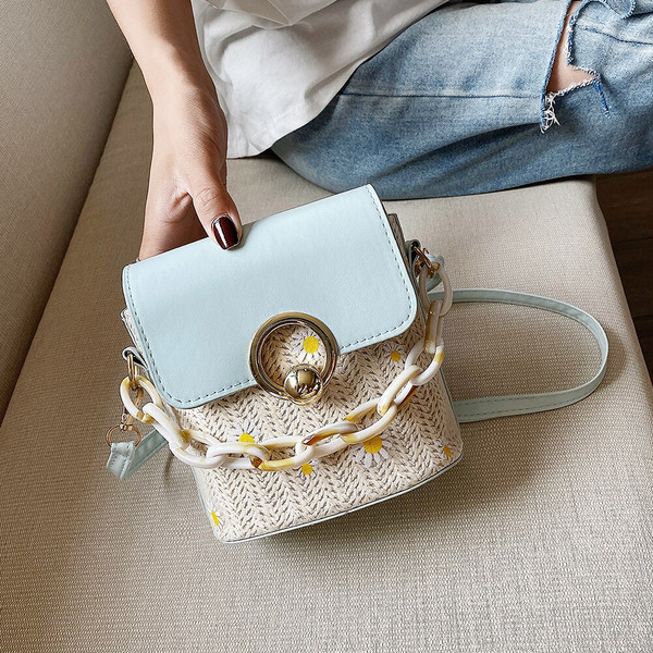 Rejea Straw Shoulder Bag For Women Daisy Bucket Crossobdy Bags Women Woven Beach PU Leather Splicing Totes Lady Travel Handbag