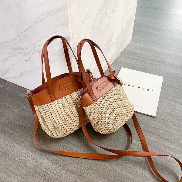 Rejea 2021 Women Straw Bucket Bags PU Leather Shoulder Bags New Designer Knit Splicing Crossbody Bags Female Summer Beach Travel Bag
