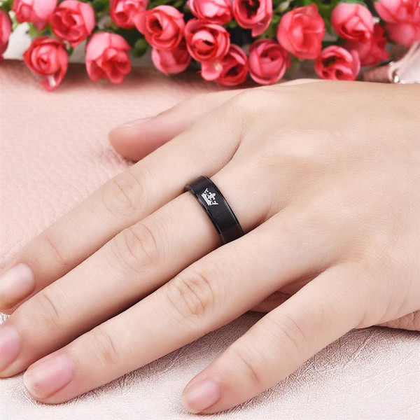 Rejea Fashion His Queen Her King Couple Ring Crown Stainless Steel Wedding Ring for Women Men Jewelry Black Silver Color Ring