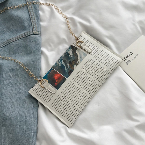 Rejea Trend Envelope Bag Women New Personality Inkjet Newspaper Clutch Bag Wild Shoulder Messenger Bag Chain Evening Bag