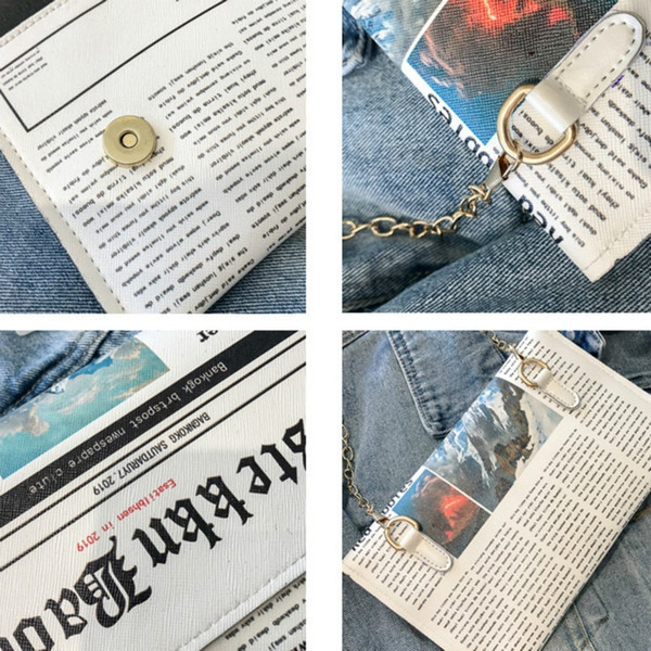 Rejea Trend Envelope Bag Women New Personality Inkjet Newspaper Clutch Bag Wild Shoulder Messenger Bag Chain Evening Bag