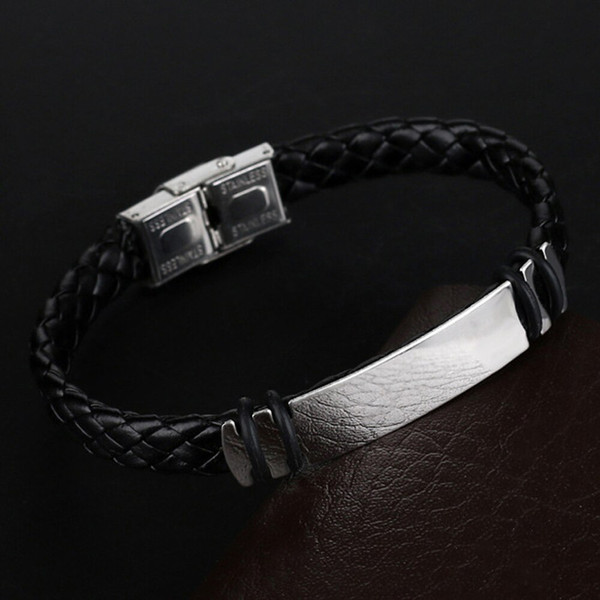 Rejea New Fashion Retro Boho Style Men's Bracelet Black Hand-woven Leather Stainless Steel Charm Bracelet Couple Gifts