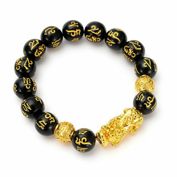 Rejea Feng Shui Obsidian Stone Beads Bracelet Men Women Unisex Wristband Gold Black Pixiu Wealth and Good Luck  Women Bracelet