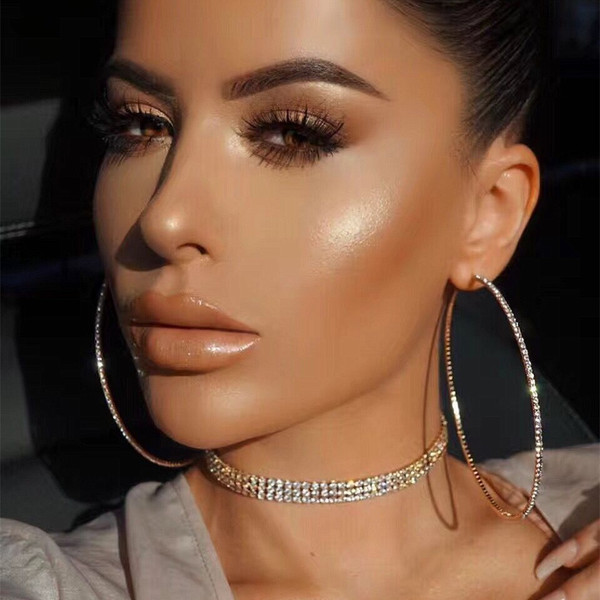 Rejea Classic Shiny Rhinestone Big Hoop Earrings for Women Fashion Jewelry Bohemian Girls' Circle Collection Earrings Accessories