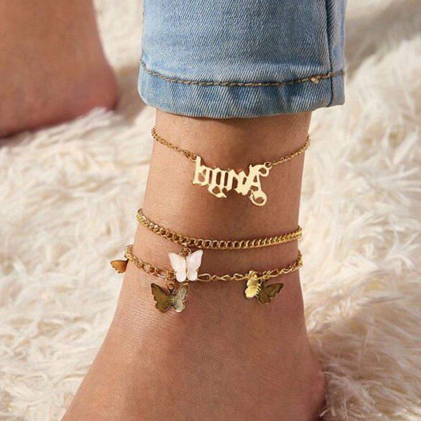 Rejea Multilayer Gold Link CHain ANGEL Letter Chain Ankle Bracelet on Leg Foot Jewelry Bohemia Butterfly Anklets for Women Accessories