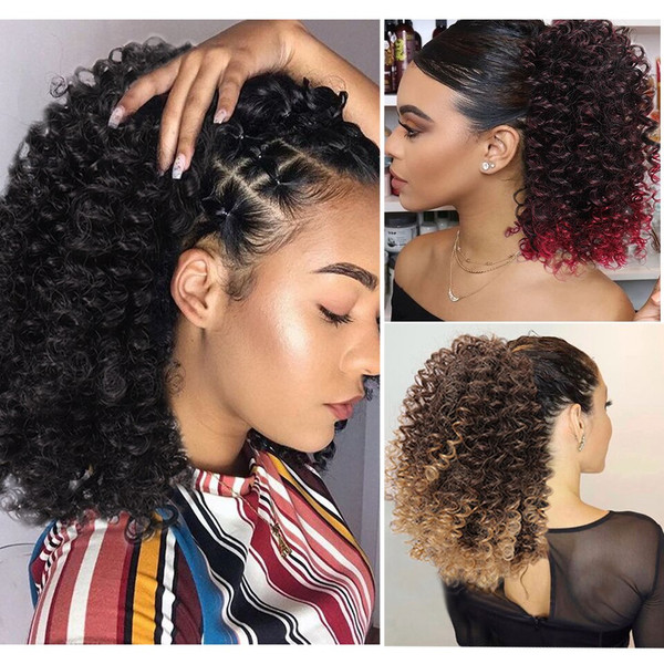 Rejea Women's Long Kinky Curly Synthetic Ponytail Hair Extension Heat Resistant Hair Clips Ombre Black Brown Fake Hair Wig