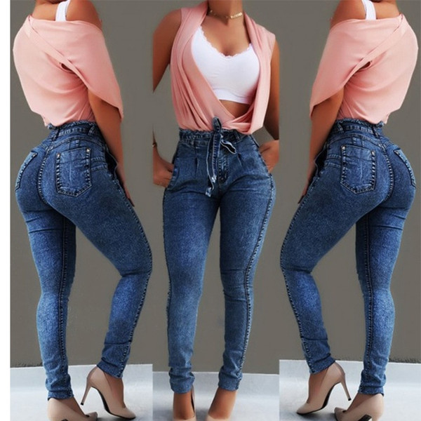 Rejea High Waist Jeans For Women Slim Stretch Denim Jean Bodycon Tassel Belt Bandage Skinny Push Up Jeans Woman