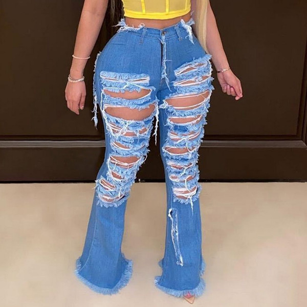 Rejea Sexy Ripped jeans Fringe Hollow out Ruffle Flare denim Pants High Waist Bodycon Hole Women Trousers Club Outfits