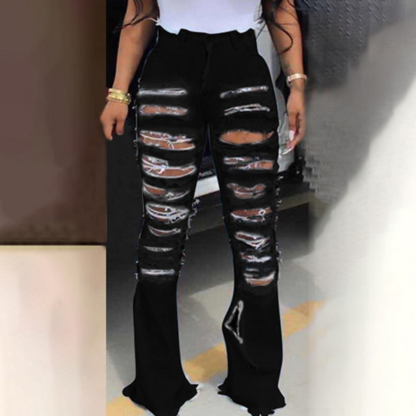 Rejea Sexy Ripped jeans Fringe Hollow out Ruffle Flare denim Pants High Waist Bodycon Hole Women Trousers Club Outfits