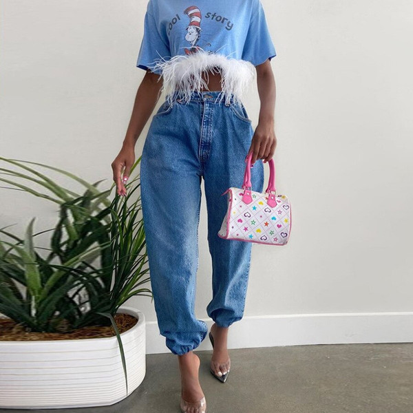 Rejea Fashion Denim Blue Mom Jeans Leg High Rise Baggy Jeans Women Streetwear Booty Shaping Bottom Pants