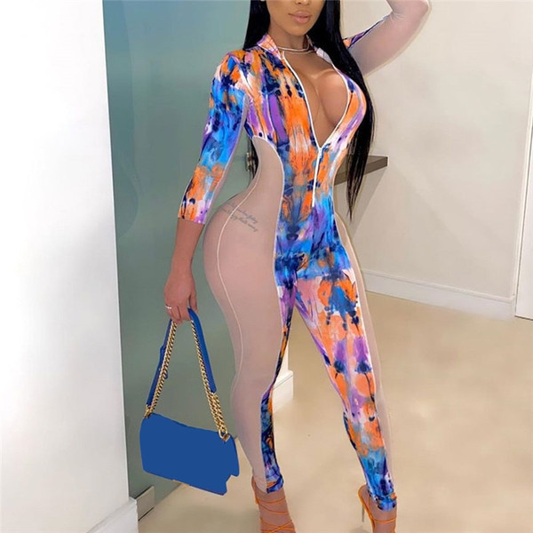 Rejea Tie Dye Print Mesh Patchwork Jumpsuit Rompers New Sexy  V-neck Front Zipper Three Quarter Sleeve One-pieces