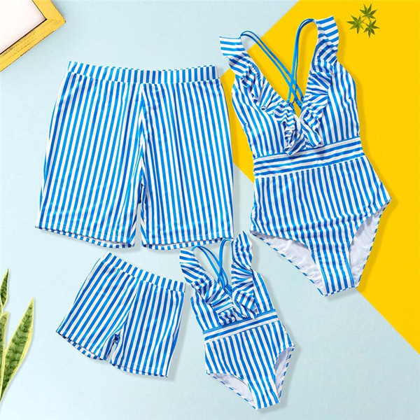 Rejea Beach Family Swimwear Striped Matching Swimsuits Mother Daughter Mommy and Me Bath Suits Clothes Outfits Look Father Son Shorts