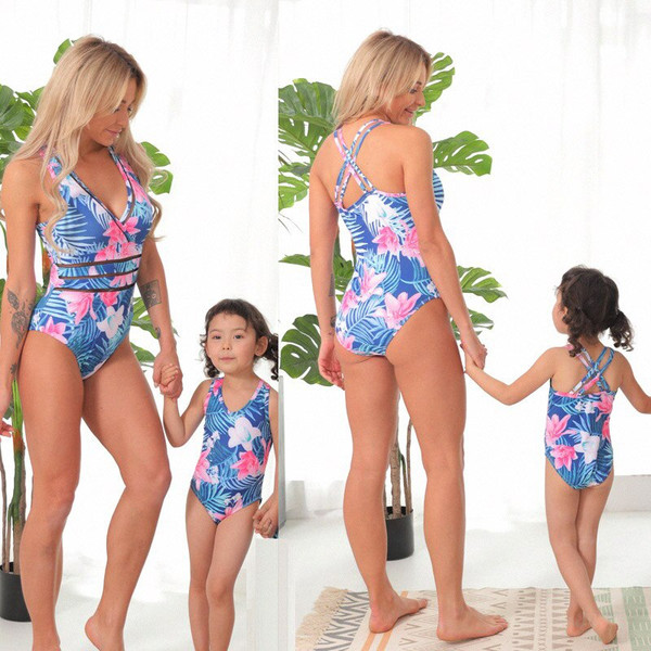 Rejea Flower Mom & Baby Women Girls Bath Suits Dresses Clothes Leaf Mother Daughter Matching Swimwear One-Piece Mommy and Me Swimsuits