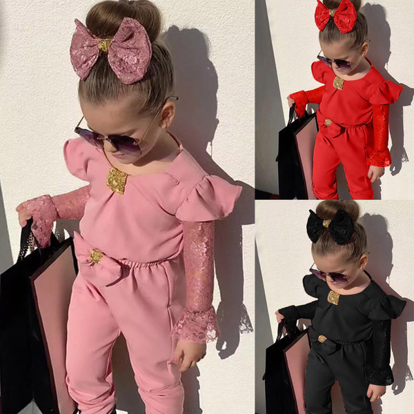Rejea 6Months-5Years Toddler Baby Kids Girls Lace Flare Sleeve Bow Jumpsuit Romper+Headbands Sets disfraz papa noel bebe fashion M5