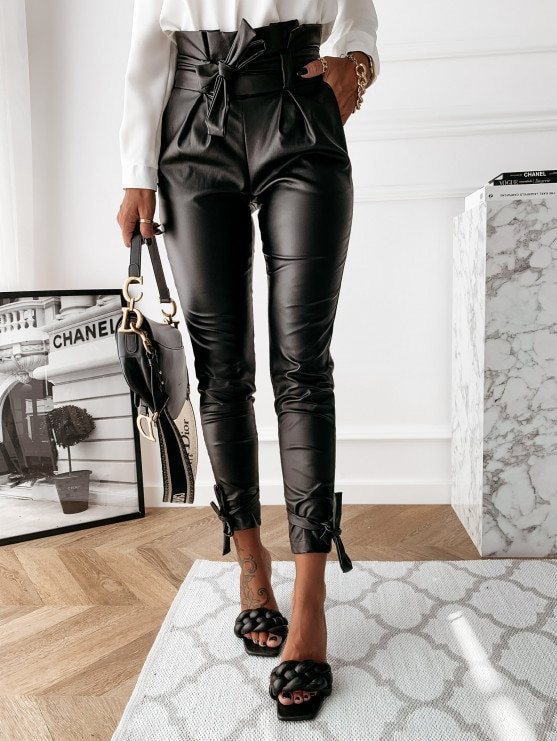 Rejea New Fashion Women Ladies High Waist PU Leather Pencil Pants Female Zip Up/Waistband Ankle Length Slim Fit Leggings Black