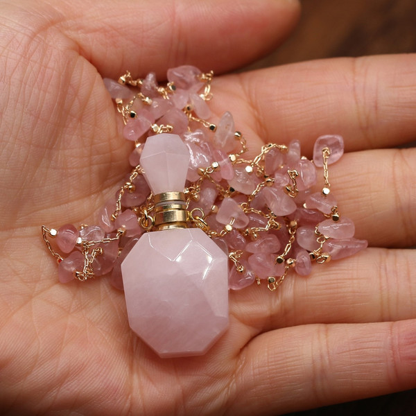 Rejea Natural Stone Perfume Bottle Necklace Pink Quartz Pendant Charms For Elegant Women Love Romantic Gift 60 CM