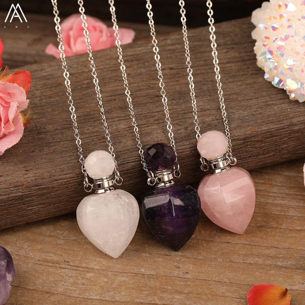 Rejea Natural White Jades Roses Amethysts Quartz Heart Shape Perfume Bottle Pendant Necklace Elegant Women Essential Oil Vial Jewelry