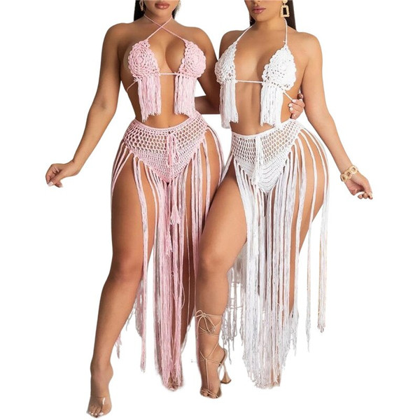 Rejea 2021 Women Tassel Swimwear Crochet Bikini Set Summer Sexy See Through Cover Up Skirt Hollow Out 2 Piece Knitted Beach Set