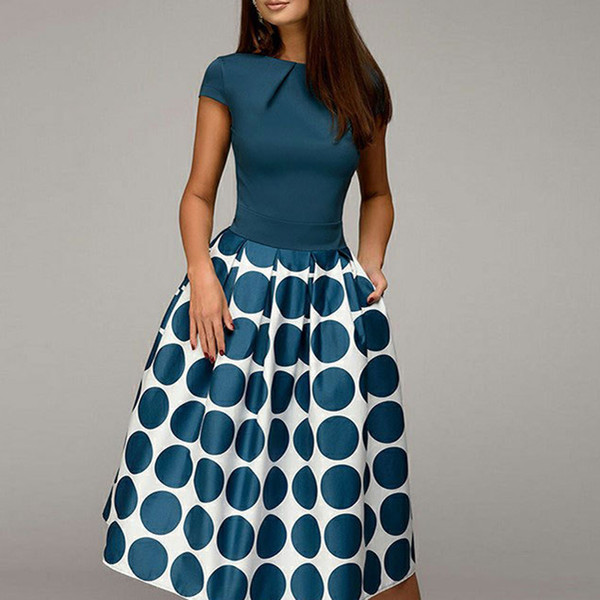 REJEA  Vintage Dot Printing Patchwork A-line Dresses Women Summer Short Sleeves Round Neck Casual Dress Female Vestidos