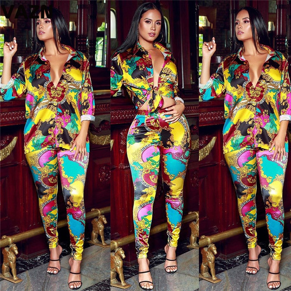 REJEA Autumn Print Print Casual Bandage Sexy Set full sleeve 2 Piece Sets Night Club Young Lady Sport Sets