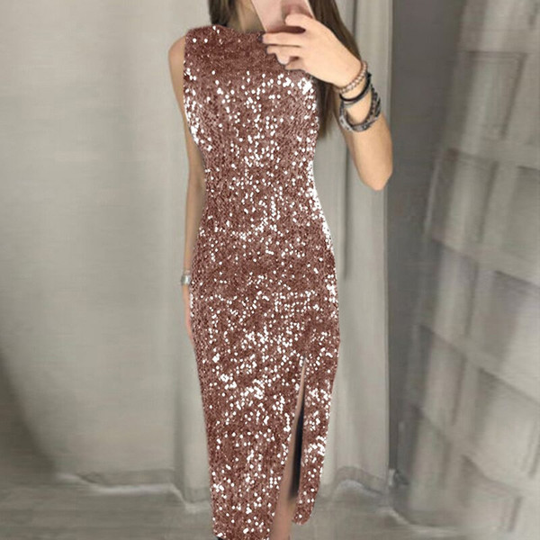 REJEA Women Formal Mature Dresses Bridesmaid High-waist New Years Party Glitter Midi Dress Shiny Sleeveless Gold Wine Red Tunic