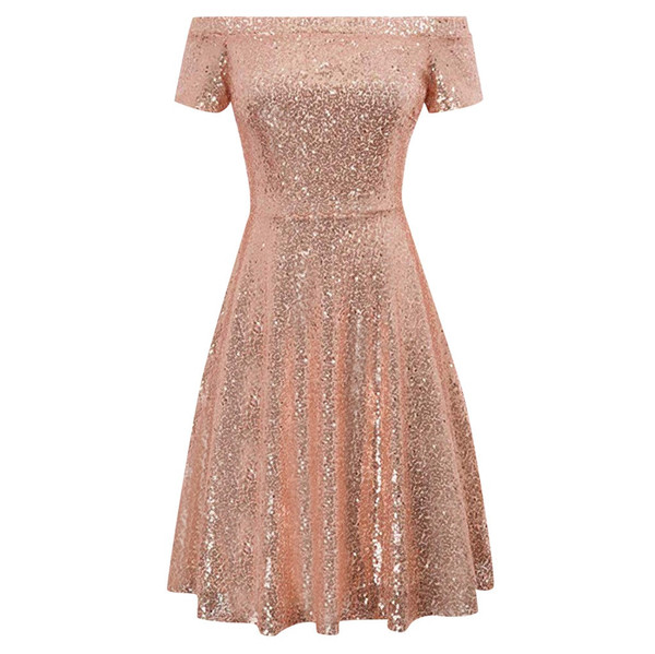 REJEA Women Off Shoulder Short Sleeve Sequin A-line Midi Dress Party Club Glitter Rose Gold Dress Women Party Elegant Shiny Dress