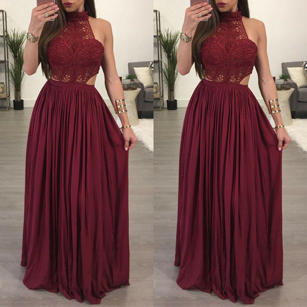 REJEA Women Halter Solid Lace Sleeveless Long  Maxi Dress Cap Sleeve Evening Party Elegant Formal Dresses
