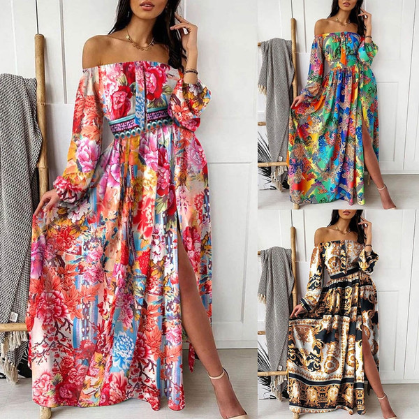 REJEA Women Off Shoulder Dress Colorful Print Party Dress Long Sleeve Slit Maxi Dresses Autumn Dress Women Vestidos De Festa