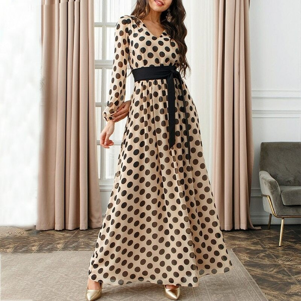 REJEA  Bohemian Women Long Maxi Dresses V-neck Long Sleeve Dot Print Beach Dress Spring Summer Female Elegant Slim Long Dress