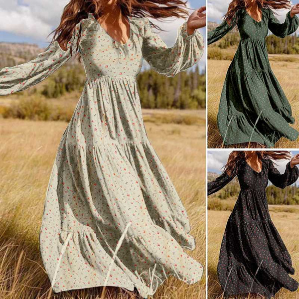 REJEA Women's Autumn Sundress Casual Puff Sleeve Tunic Vestidos Floral Print Robe Fashion Ruffle Maxi Dress Plus Size 5XL