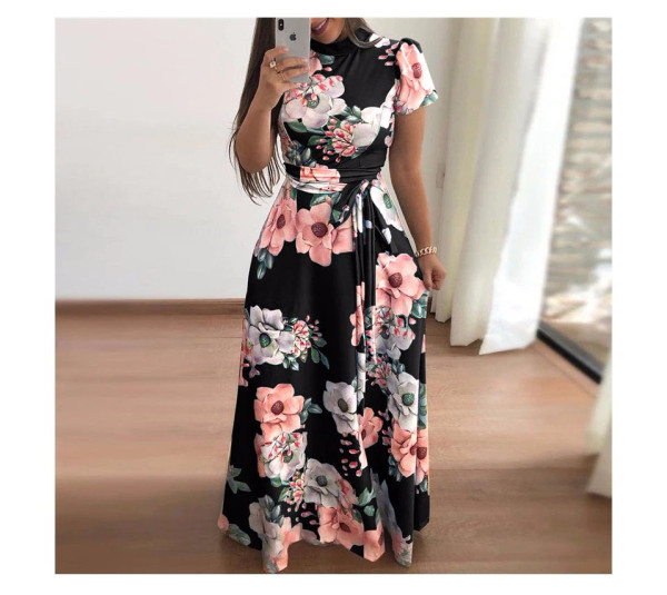 REJEA Women Summer Maxi Dress 2021 Casual Short Sleeve Boho Floral Print Long Dress Turtleneck Bandage Elegant Party Dresses Vestidos