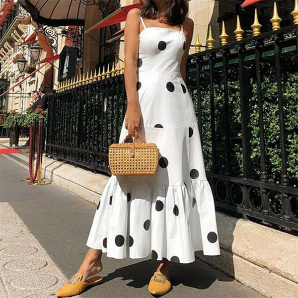 REJEA Women's Girls Boho Long Maxi Dress Fashion Ladies Polka Dot Printed Party Evening Beach Holiday Sundress Sleeveless Sling Dress