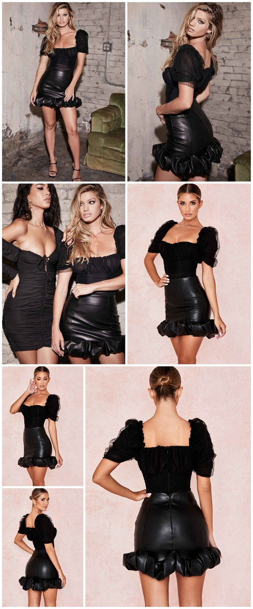 REJEA Vintage Elegant Black PU Skirts Women Fashion Faux Leather Bud Skirts Autumn Pleated Ladies Sexy Party Short Skirts