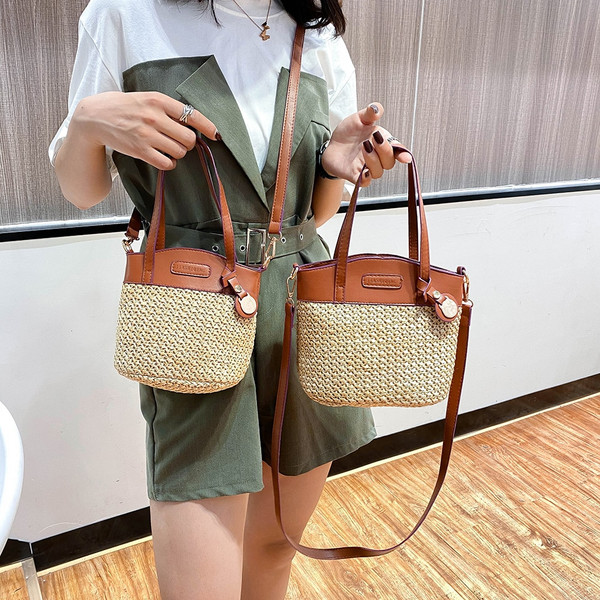 Rejea 2021 Women Straw Bucket Bags PU Leather Shoulder Bags New Designer Knit Splicing Crossbody Bags Female Summer Beach Travel Bag